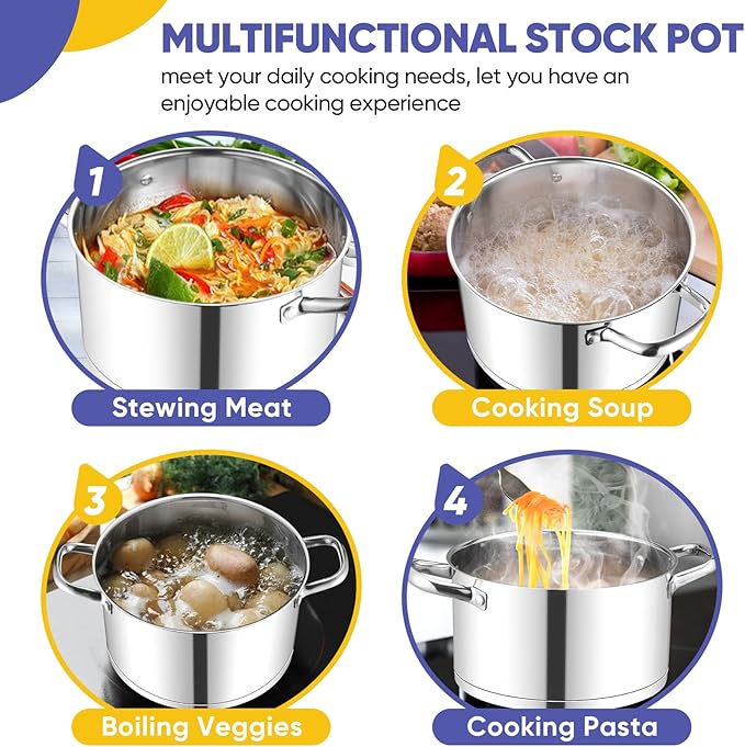 TeamFar 8QT Stock Pot with Lid, Stainless Steel Tri-ply Bottom Cooking Pot for Vegetable Pasta Soup, Works with Induction/Gas/Glass/Ceramic Stoves, Non-toxic & Sturdy, Straight Side & Riveted Handles - Image 7