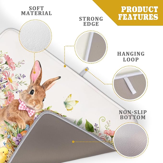 Easter Rabbit Eggs Dish Drying Mat for Kitchen Counter 18x24 Inch Spring Flowers Large Microfiber Dish Drainer Rack Mats - Image 4