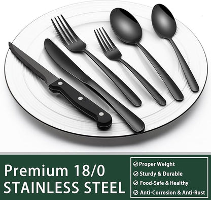 EWFEN 24-Piece Black Silverware Set with Steak Knives, Black Flatware Set for 4, Food-Grade Stainless Steel Tableware Cutlery Set, Mirror Finished Utensil Sets for Home Restaurant, Heavy Duty - Image 5