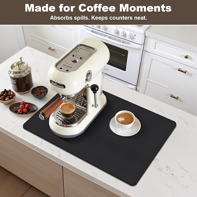 Coffee Mat,Absorbent Dish Drying Mat for Kitchen Counter,Coffee Bar Mat,Non-Slip Rubber Backed,Hide Stains & Quick Dry,for Espresso Machine,Coffee Station,Cups & Sink,17" x 32"(Black)