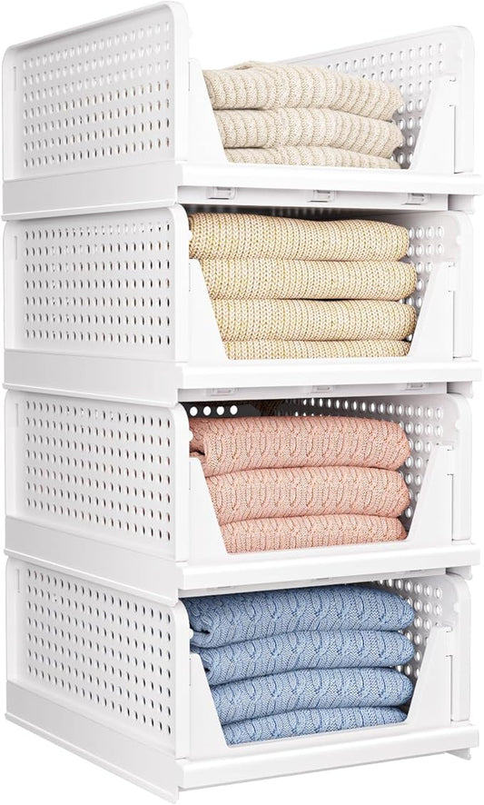 4 Pack Folding Closet Organizers Storage Box, Stackable Storage Bins, Plastic Drawer Basket Closet Storage for Wardrobe Cupboard Kitchen Bathroom Office White-4L by CTSNSLH