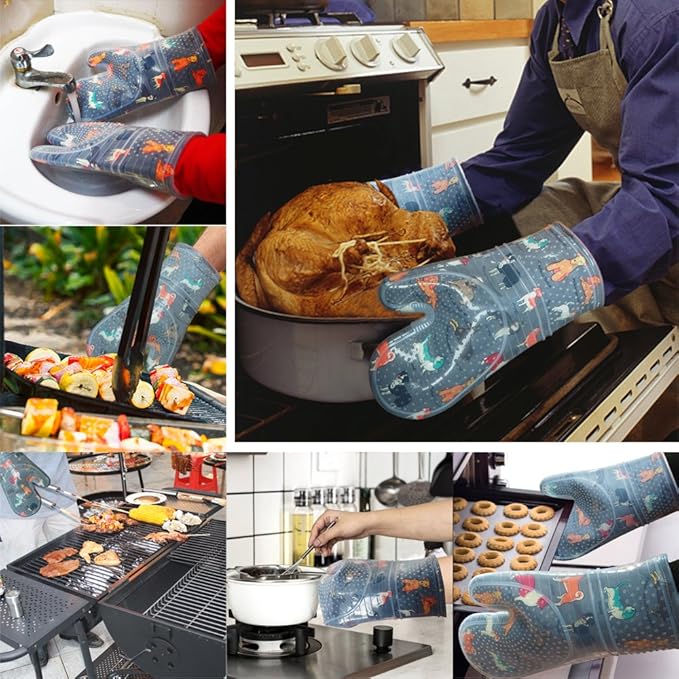 Oven Mitts Set of 2 with Transparent Clear Silicone Shell and Nice Dog Printing Cotton Lining, Heat Resistant to 500 F Kitchen Oven Gloves Pot Holder for Cooking (Gray) - Image 6