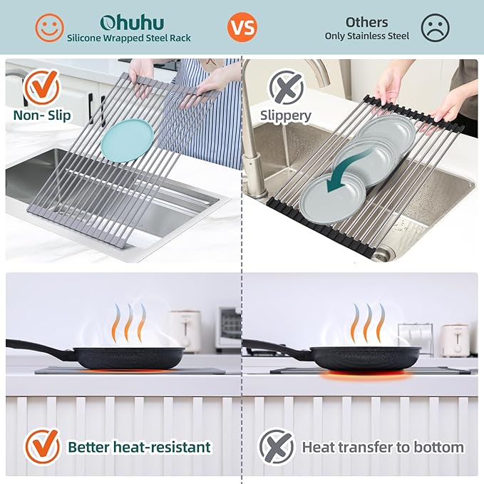 Ohuhu Dish Drying Rack Over The Sink, Roll Up Sink Rack 20.5" W x 13.1" L Rolling Dish Drainer Foldable Accessories Heat-Resistant Mat Anti-Slip Silicone Coated for Kitchen Counter - Image 4