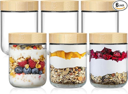 NETANY 6-pack 16oz Glass jars with Airtight Lids, Overnight Oats Containers with Bamboo Lids, Wide mouth Mason Salad jars, Glass Food Storage Containers for Snacks Yogurt Spice Sugar by NETANY