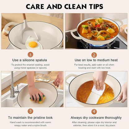 Overmont Enameled Cast Iron Dutch Oven - 3.8 Quart Dutch Oven Pot with Lid - Shallow Cookware Braising Pan - Cast iron Casserole with Cookbook & Heat-resistant Caps - Oven Safe up to 500° F