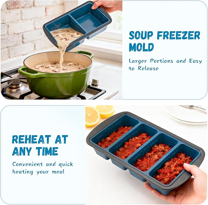 GORCI Silicone Freezer Tray With Lid, 4 Large 2 Cup Soup Freezer Molds, Soup Freezer Container for Meal Prepping, Large Ice Cube Tray， Perfect for Storing Leftovers, Sauces, Lasagna, 2-Pack - Image 6
