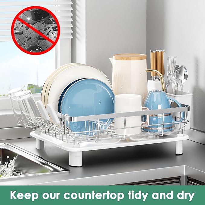 MOUKABAL Dish Drying Rack, Dish Rack, Stainless Steel Dish Racks for Kitchen Counter, Dish Drainer with Removable Utensil Holder, Drainboard (White,Stainless Steel,13''W x 17''L) - Image 6