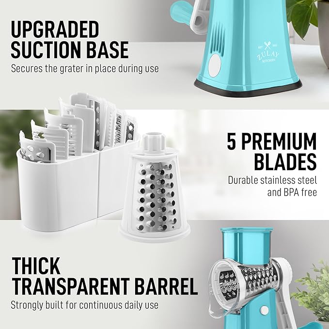 Zulay Kitchen Rotary Cheese Grater 5 Blade Cheese Shredder - Manual Hand Crank Cheese Grater With Reinforced Suction & 5 Interchangeable Drums - Easy to Use, Vegetable Chopper Round Mandoline Slicer - Image 7