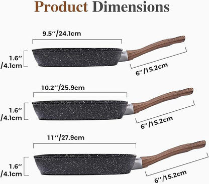 3 Pcs Pots and Pans Set, Nonstick & Non-Toxic Healthy Pots and Pans with Wooden Handle, Durable Skillet Indoor & Outdoor Use, All Stovetops Compatible, PFOA Free, Black