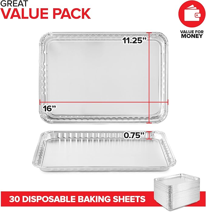 Stock Your Home Disposable Cookie Sheets for Baking (30-Pack) Aluminum Trays, Foil Pans, Shallow Sheet Pan for Cooking Thin Crust Pizza, Brownie Tins, Oven Liners - Image 2