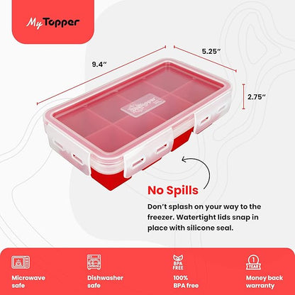 IceTopper XL Ice Cube Tray with Attached Lids - Easy Release Ice Cube Molds, 8 Large Cubes per Tray, Stackable, Microwave & Dishwasher Safe, 100% Food Grade Silicone, BPA Free & Recyclable (2 Pack)