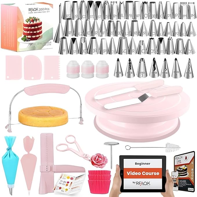 RFAQK 200PCs Cake Decorating Kit with Cake Turntable & Leveler, Baking Supplies Gift Includes 110+1 Piping Bags,55 Icing Tips,2 Frosting Spatulas, Adjustable Scraper, Video Tutorial, Booklet & more by RFAQK