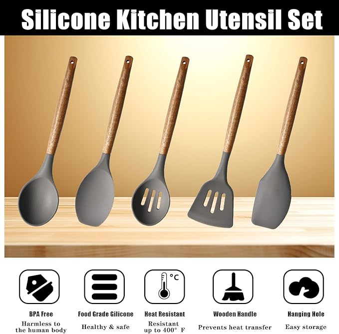 Kitchen Utensils Set, Silicone Cooking Utensils Set,Non-Stick Silicone Spatula Set with Natural Acacia Hard Wood Handle, 5 Piece, Upgraded Thickened Cookware - Image 2