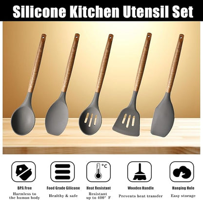 Kitchen Utensils Set, Silicone Cooking Utensils Set,Non-Stick Silicone Spatula Set with Natural Acacia Hard Wood Handle, 5 Piece, Upgraded Thickened Cookware - Image 2