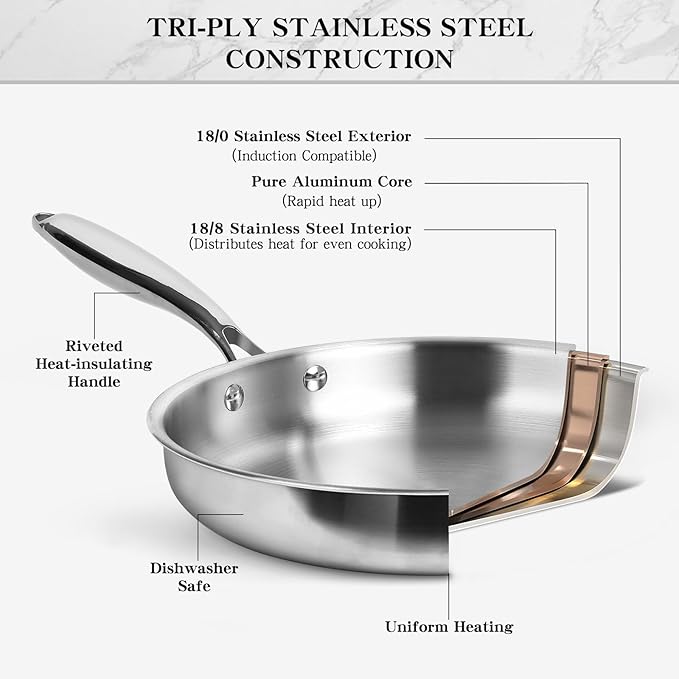 EWFEN Stainless Steel Cookware Set, 3 Ply 17 Piece Stainless Steel Pot and Pan Set, Oven Dishwasher Safe | Induction Compatible Frying Pans, Saucepans, Saute Pan & Stock Pot, PFOA, PTFE & PFOS Free - Image 5