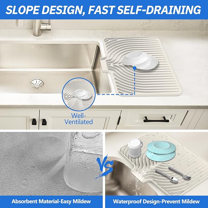 Dish Drying Mat for Kitchen Counter, with Built-in Drain Lip, Food-Grade Silicone, Easy Clean Pad for Countertop Protection, Multi-Functional Use (18x11.8, Beige) - Image 3