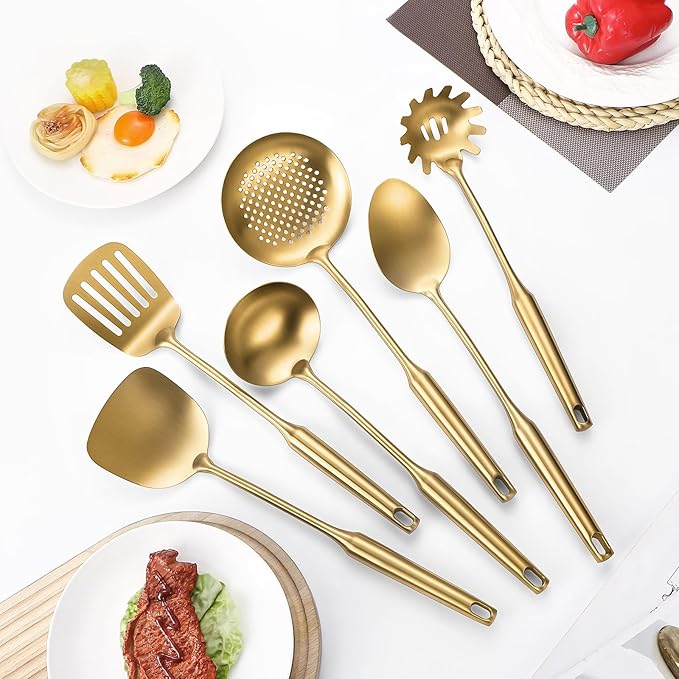 304 Stainless Steel Cooking Utensil,Kitchen Utensil with Spatula, Solid Spoon, Ladle, Skimmer, Spaghetti Spoon, 6 Piece Set, Dishwasher Safe(Gold) - Image 3