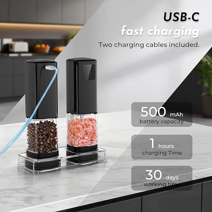 Upgraded Larger Capacity Electric Salt and Pepper Grinder Set Rechargeable with Digital Display, Refillable Electric Pepper Grinder Mill Set with Light & Ceramic Core, Adjustable Coarseness - Image 3