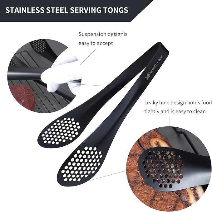 MSY BIGSUNNY Stainless Steel Buffet Tongs - Kitchen Food Tong for Cooking and Serving (Black - 9" Serving Tongs) - Image 3
