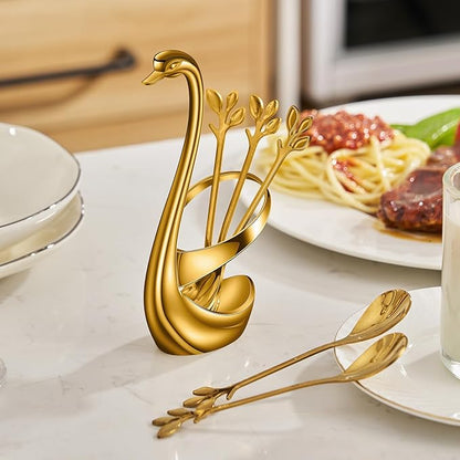 AnSaw Gold Small Coffee Spoon Holder Set,Swan Base With 10 Pcs Demitasse Espresso Spoons Set,4.7" Mini Leaf Dessert Spoon,Stainless Steel Tea Spoons - Image 8