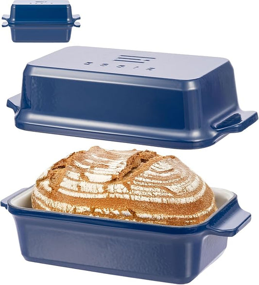 Enameled Cast Iron Dutch Oven for Bread Baking, 9×5 Dutch Oven Pot with Lid, 2 in 1 Sourdough Bread Pans for Baking with Lid, Roasting & Braising, Easy Release, Oven & Induction Safe (4.2 QT,Blue)