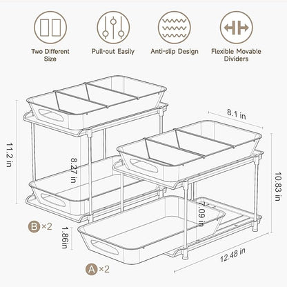Sevenblue Under Sink Organizer, Bathroom Organizers and Storage, 2 Tier Multi-Use Pull Out Cabinet Organizer with Hang Hooks and Cups (transparent, 4 Pack) - Image 2