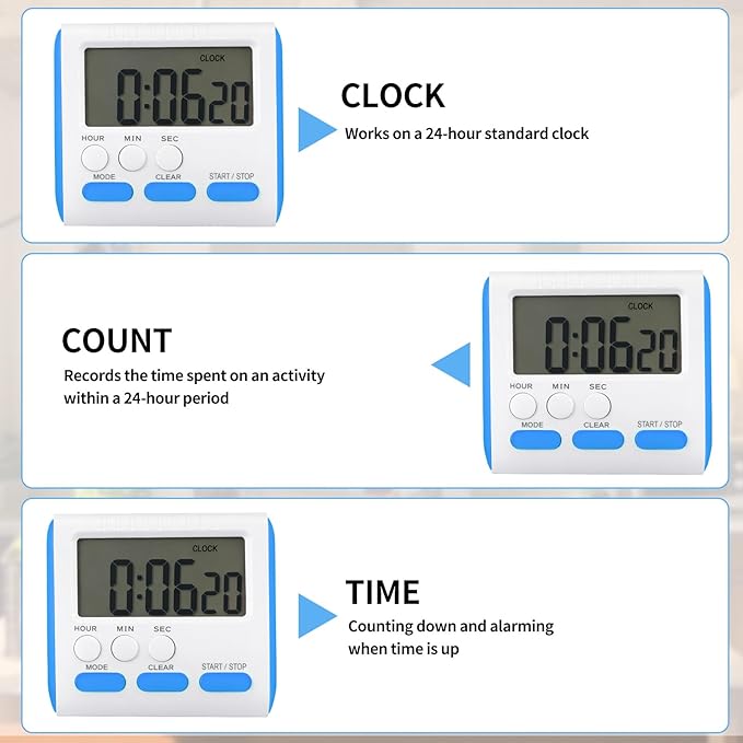 Mudder 3 Pack Digital Kitchen Timer for Cooking, Large Digits, 24 Hour Magnetic Backing Stand Kitchen Timers Clock for Classroom Kids Teachers, Loud Alarm and Large Screen (Blue) - Image 3