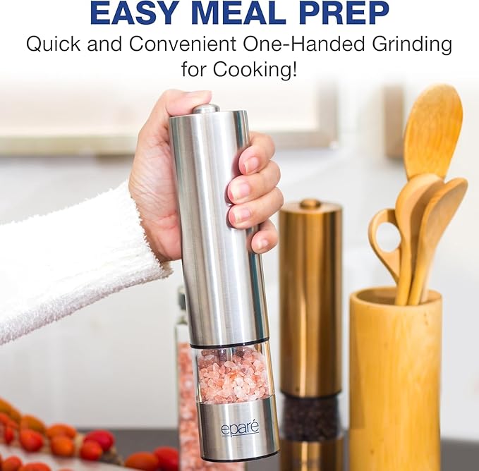 Eparé Salt or Pepper Grinder Mill Electric – Battery Operated Stainless Steel Mill with LED Light, Adjustable Ceramic Core, and One-Hand Push Button for Effortless Seasoning and Cooking - Image 3