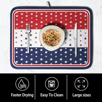 4th of July Dish Drying Mat for Kitchen Counter Patriotic Red White Blue Stars Drying Pad Microfiber Absorbent Dish Draining Mat Microfiber Independence Day Dish Drainer Rack Mats 18x24 Inch - Image 4