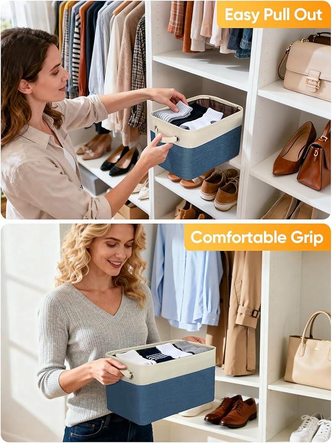 BALEINE 4 Pack Fabric Closet Storage Bins for Shelves, Linen Closet Organizers and Storage, Decorative Baskets for Organizing, Shelf, Clothes, Home, Office (Navy Blue, 15"x11"x9.5")