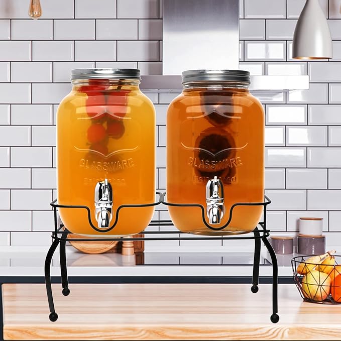 1-Gallon Glass Beverage Dispenser,Accguan Drink Dispenser with Tin Lid and Leak Free Spigot,Black Iron Frame,Mason Drink Dispenser for Parties, Picnics, Barbecues and Daily,2 pack