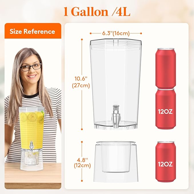 Lifewit 1 Gallon Drink Dispenser for Parties, 4L Plastic Beverage Container with Stand for Juice/Tea/Soda & Lemonade, Clear Water Pitcher with Spigot for Mimosa Bar Hosting 39 x 16 cm/15x6" - Image 2