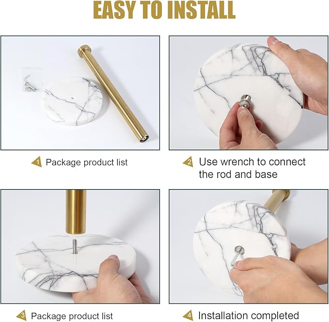 Koville Paper Towel Holder Countertop, Standing Paper Roll Holder with 6" Weighted Marble Base, Stone Paper Towel Holder with Gold Stainless Steel Rod for Kitchen Bathroom (Milas Lilac)