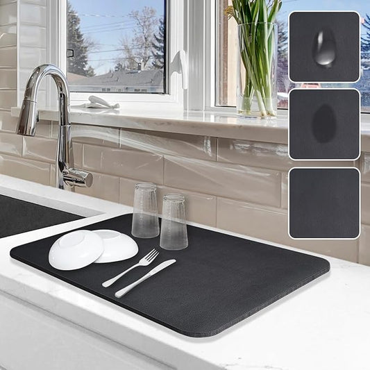 Dish Drying Mat for Kitchen Counter, 12"x19" Dish Drying Pad with Non-slip Rubber Backed, Hide Stain Anti Absorbent for Kitchen Counter, Drying Mat for Coffee Machine Dish Rack (Black) by Etomiel