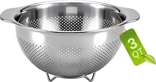 Pasta Strainer with Handle - 18/8 Stainless Steel Strainers Fine Mesh for Kitchen - Metal Colander for Spaghetti, Fruit, Vegetables, Noodles and Eggs, Rice Washer, Dishwasher Safe (3QT)