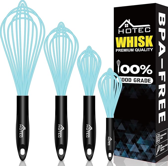 HOTEC 4 Pieces Silicone Whisks Set, Wire Balloon Whisks Egg Beater, Non-slip Handle Whisk for Non-stick Cookware Perfect for Cooking, Stirring, Beating and Blending (Blue) by Hotec