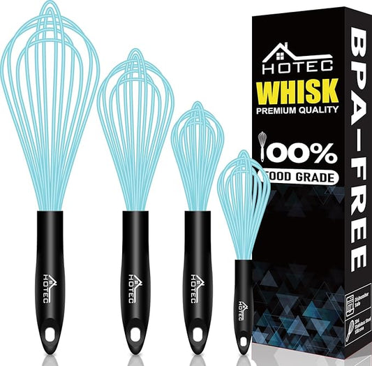 HOTEC 4 Pieces Silicone Whisks Set, Wire Balloon Whisks Egg Beater, Non-slip Handle Whisk for Non-stick Cookware Perfect for Cooking, Stirring, Beating and Blending (Blue) by Hotec