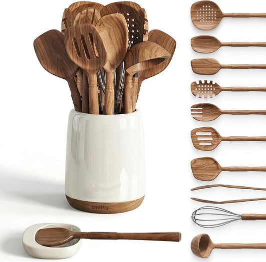 Wooden Spoons for Cooking - 12-Piece Premium Acacia Wood Utensil Set with Elegant Ceramic Holder & Spoon Rest, Non-Scratch Cooking Utensils Set for Nonstick Cookware, Luxury Kitchen Gift Set [Acacia]