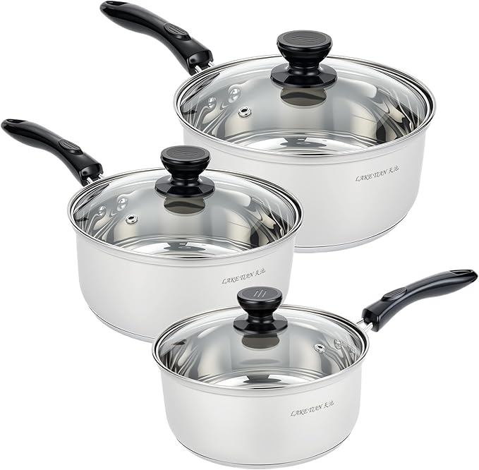 Stainless Steel Saucepan with Lid Set - 2.5QT & 3.5QT & 5.5QT, Triply Sauce Pan Induction Pot for Cooking, Boiling, Compatible with All Stoves, Transparent Lid, Oven & Dishwasher Safe by HomeGood4Less