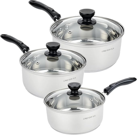 Stainless Steel Saucepan with Lid Set - 2.5QT & 3.5QT & 5.5QT, Triply Sauce Pan Induction Pot for Cooking, Boiling, Compatible with All Stoves, Transparent Lid, Oven & Dishwasher Safe by HomeGood4Less