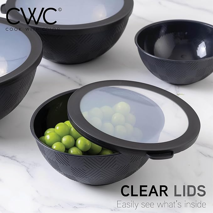 COOK WITH COLOR Mixing Bowls with Lids - 12 Piece Plastic Nesting Bowls Set includes 6 Prep Bowls and 6 Lids, Microwave Safe Mixing Bowl Set, Black Rhombus - Image 7