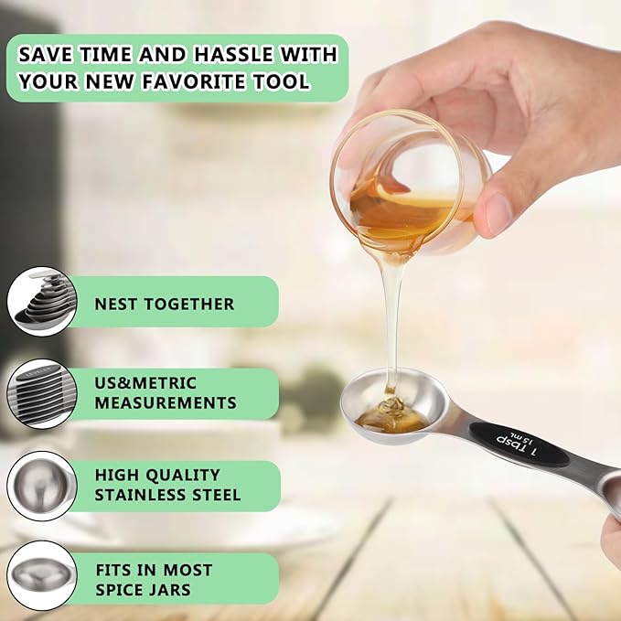Magnetic Measuring Spoons Set of 9 Stainless Steel Dual Sided Stackable Teaspoon Tablespoon Nesting Measuring Spoon for Measuring Dry and Liquid Ingredients Fits in Spice Jar - Image 3