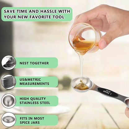 Magnetic Measuring Spoons Set of 9 Stainless Steel Dual Sided Stackable Teaspoon Tablespoon Nesting Measuring Spoon for Measuring Dry and Liquid Ingredients Fits in Spice Jar - Image 3