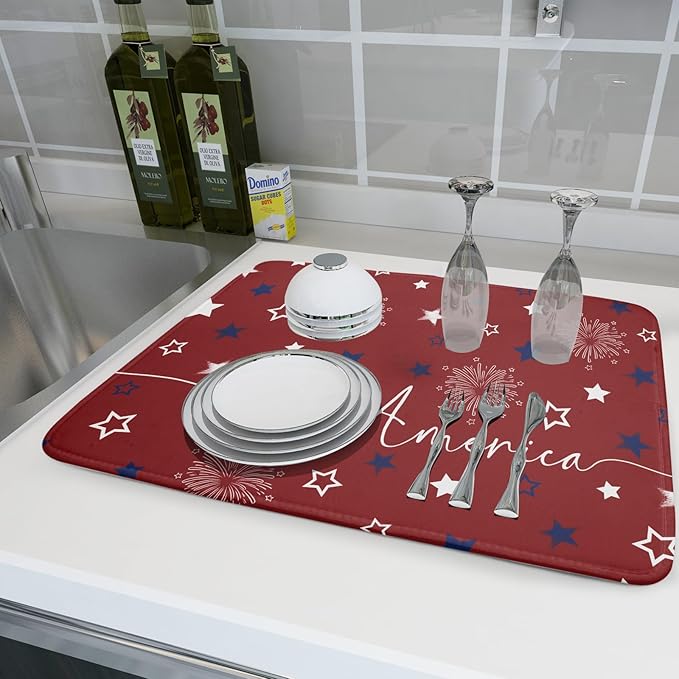 Giwawa 4th of July Dish Drying Mat 18"x24" Patriotic Usa Stars America Firework Dish Drainer Mats Independece Day Absorbent Microfiber Dish Drying Pad for Kitchen Countertop Large Decor