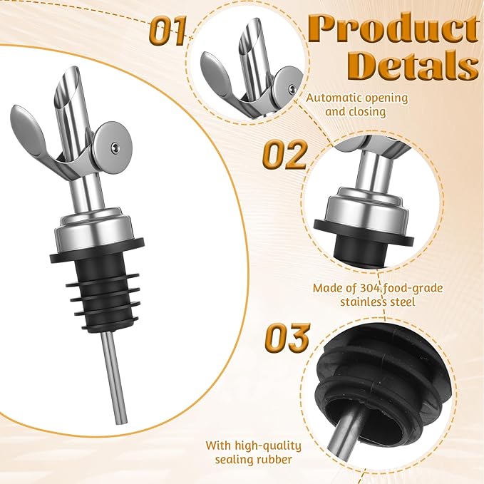 2 PCS Oil Spout, Olive Oil Dispenser Spout, Liquor Pour Spouts Self Closing Weighted Pourer for Liquor Bottles, Vinegar, Syrup and Alcohol, Silver