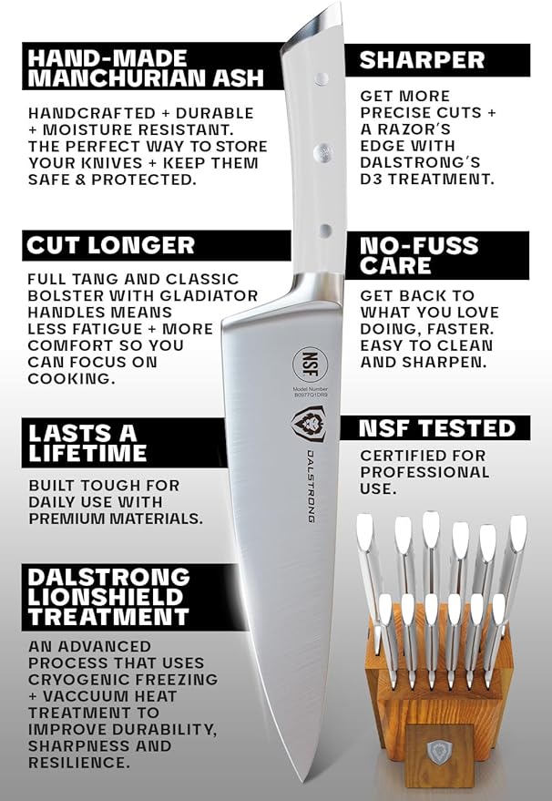 Dalstrong 12-Piece Knife Block Set - Gladiator Series Elite - White Handles - German HC Steel - Hand-Made Manchurian Ash Wood Block - NSF Certified - Image 6