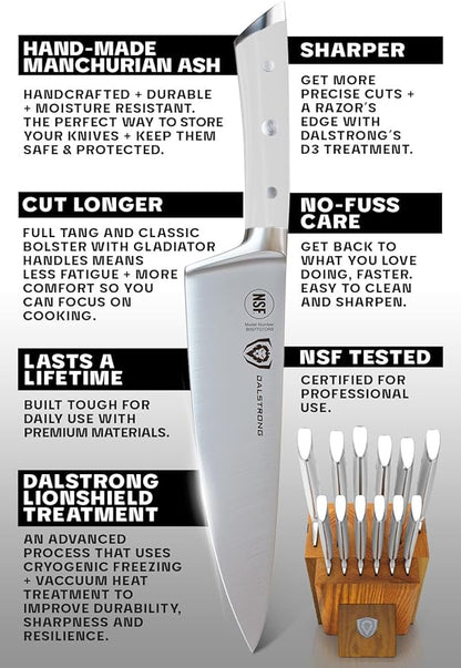 Dalstrong 12-Piece Knife Block Set - Gladiator Series Elite - White Handles - German HC Steel - Hand-Made Manchurian Ash Wood Block - NSF Certified - Image 6