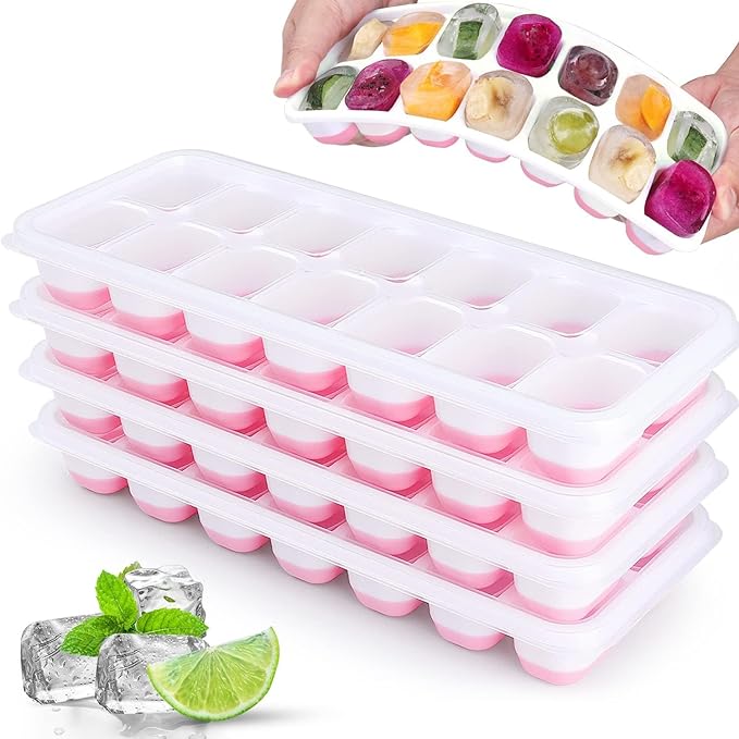 Silicone Ice Cube Tray, 4 Pack Easy-Release & Flexible 14-Ice Cube Trays with Spill-Resistant Removable Lid, Stackable Ice Trays with Covers for Freezer, Cocktail (Pink) by Jrisbo