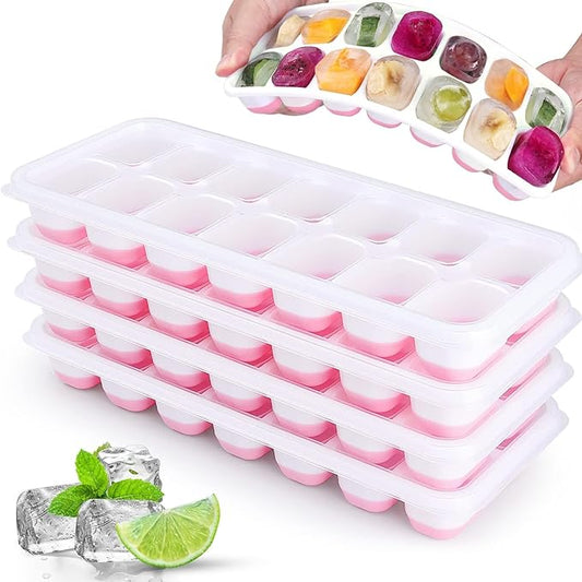 Silicone Ice Cube Tray, 4 Pack Easy-Release & Flexible 14-Ice Cube Trays with Spill-Resistant Removable Lid, Stackable Ice Trays with Covers for Freezer, Cocktail (Pink) by Jrisbo
