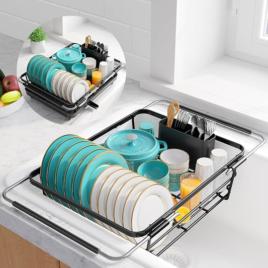 Sakugi Extendable Dish Drying Rack Over Sink with Dish Drainer, Sink Organization and Storage Essentials with Silverware & Utensil Holder, Home and Apartment Decor, 12" W x 16.1~23" L, Black by Sakugi